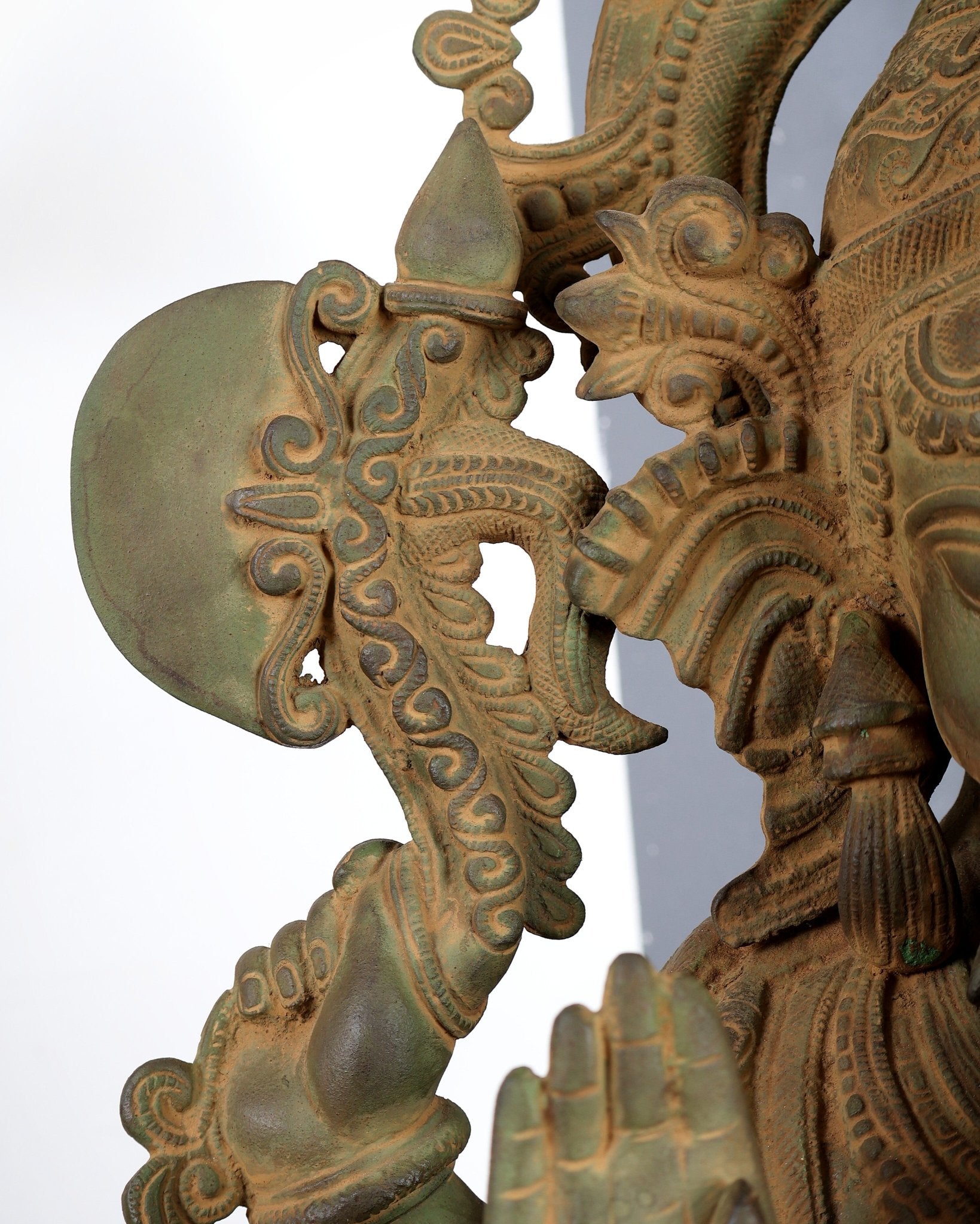 Vintage Brass Lord Ganesha Statue – Rustic Green Patina & Sand Finish Handcrafted Temple Sculpture 23.5 inch - Budhshiv.com