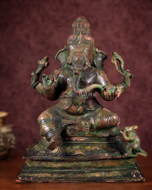 Vintage Brass Lord Ganesha Statue with Green Patina Finish - 14" - Budhshiv.com