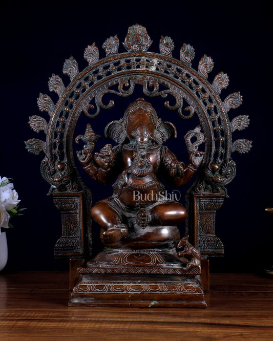 Vintage Brass Lord Ganesha with Unique Prabhavali – Chola Style Copper Tone Sculpture 15.5 inch - Budhshiv.com