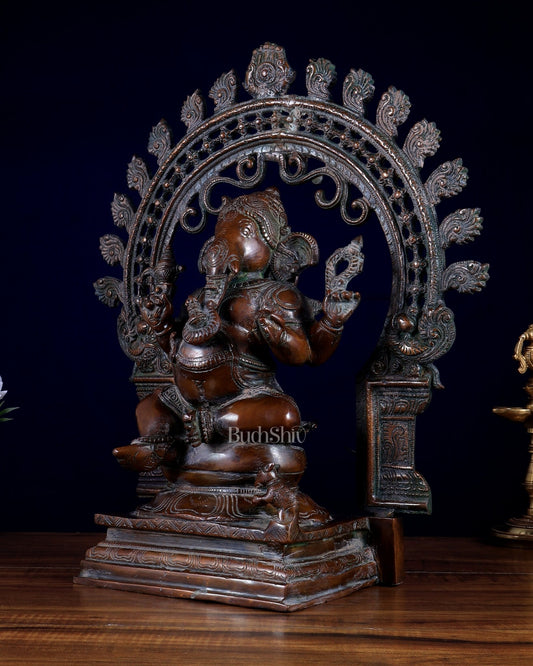 Vintage Brass Lord Ganesha with Unique Prabhavali – Chola Style Copper Tone Sculpture 15.5 inch - Budhshiv.com