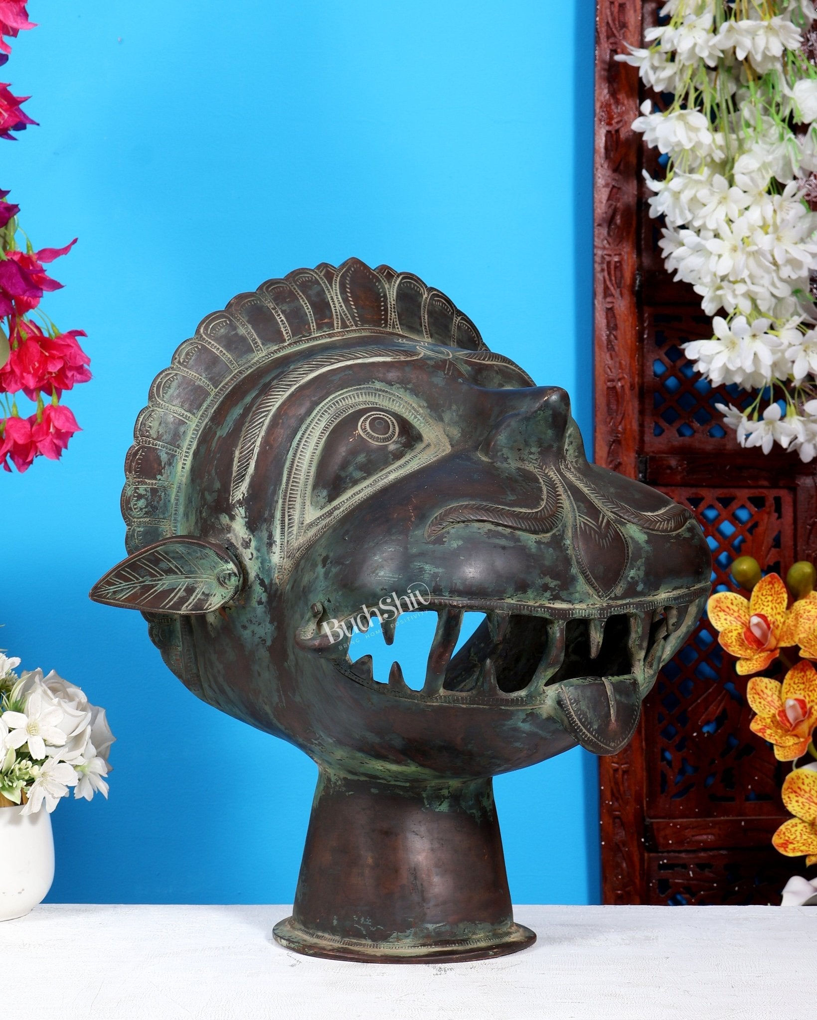 Vintage Brass Lord Hanuman Face Bust Statue | Pure Brass Bajrangbali Mukha 16 inch antique tone - Budhshiv.com