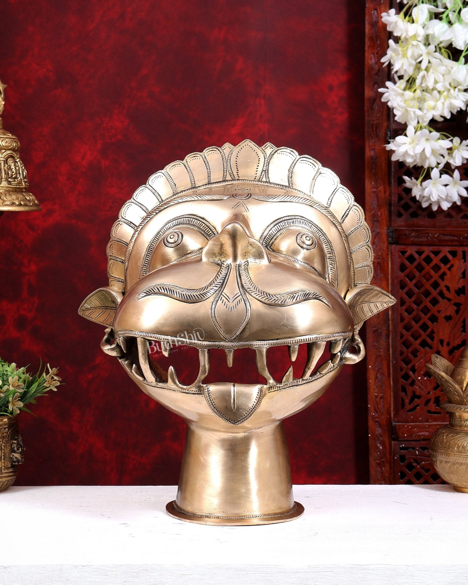 Vintage Brass Lord Hanuman Face Bust Statue | Pure Brass Bajrangbali Mukha | Grand Temple Sculpture 16 inch - Budhshiv.com