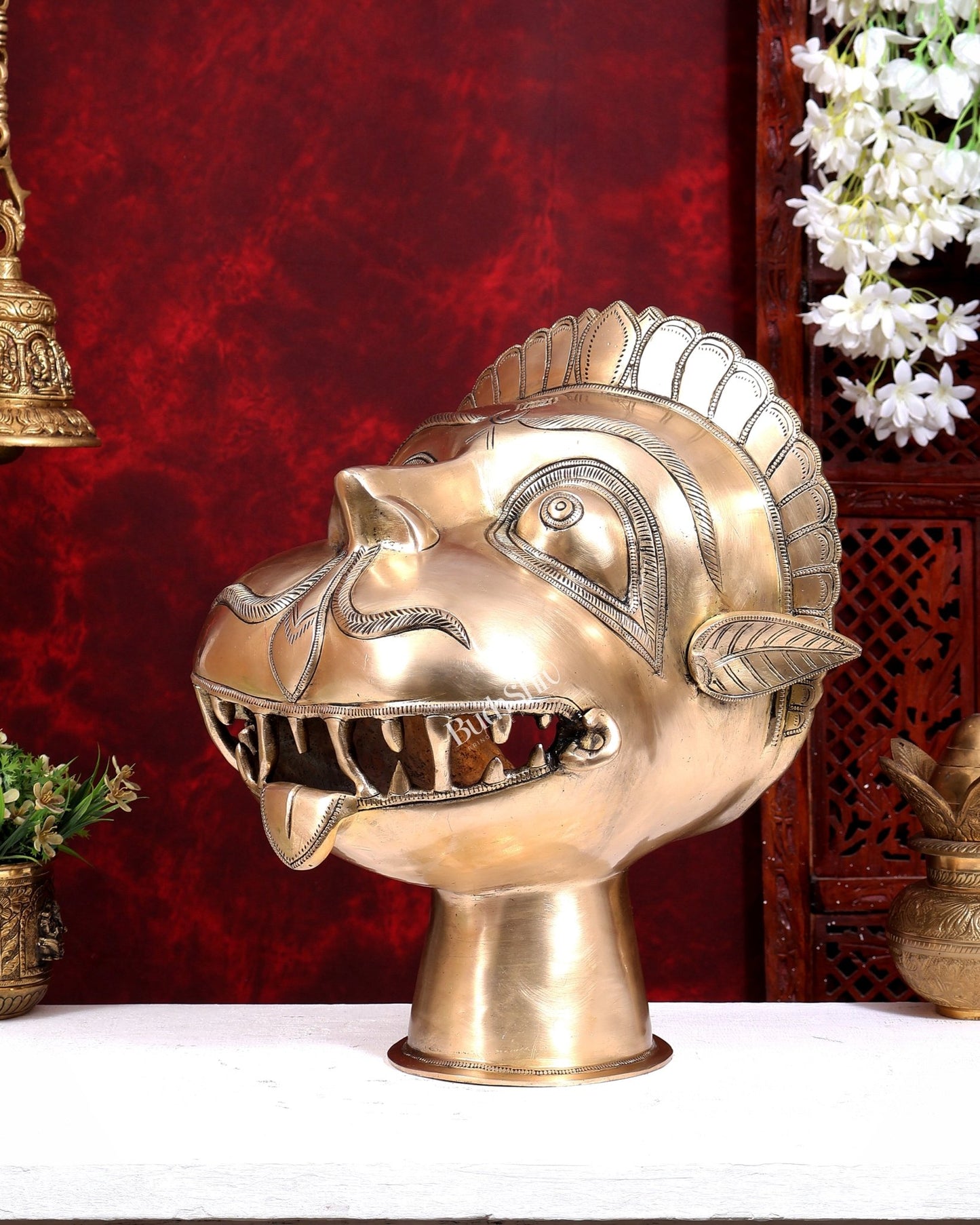 Vintage Brass Lord Hanuman Face Bust Statue | Pure Brass Bajrangbali Mukha | Grand Temple Sculpture 16 inch - Budhshiv.com