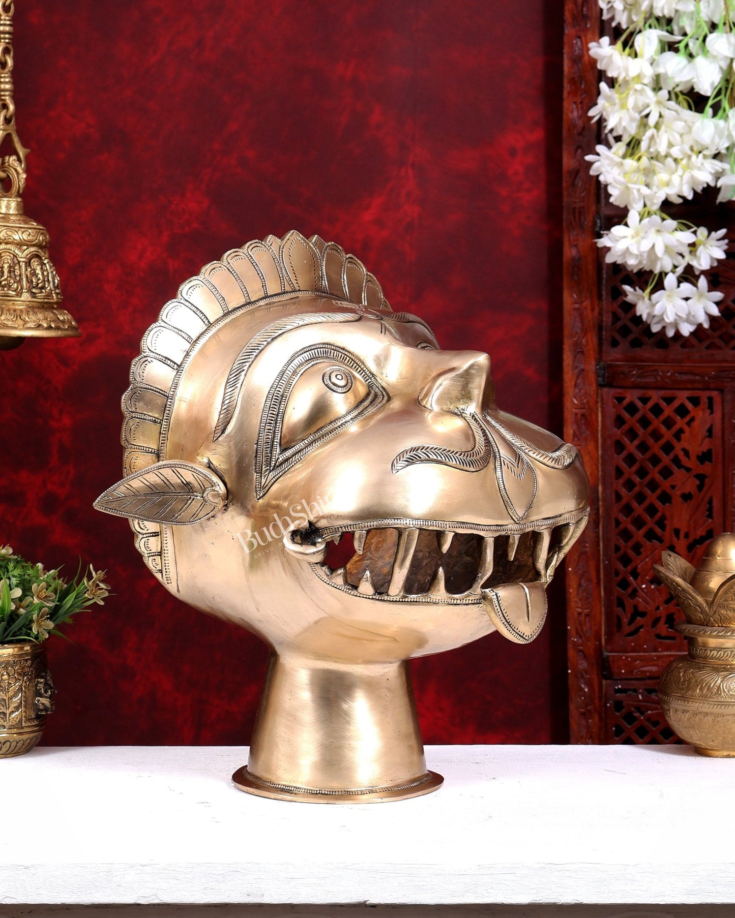 Vintage Brass Lord Hanuman Face Bust Statue | Pure Brass Bajrangbali Mukha | Grand Temple Sculpture 16 inch - Budhshiv.com