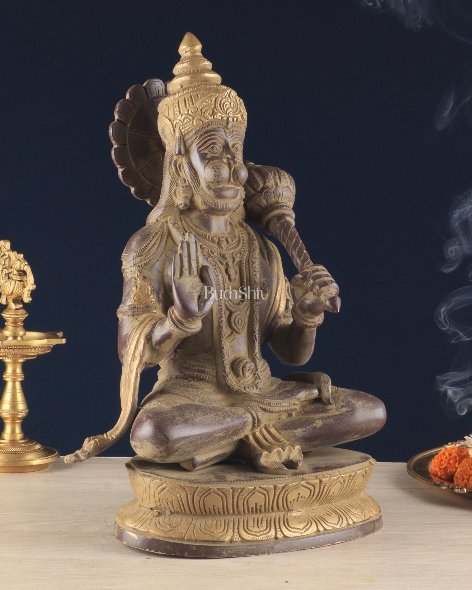 Vintage Brass Lord Hanuman Sculpture in Sand Finish – 15 Inches - Budhshiv.com