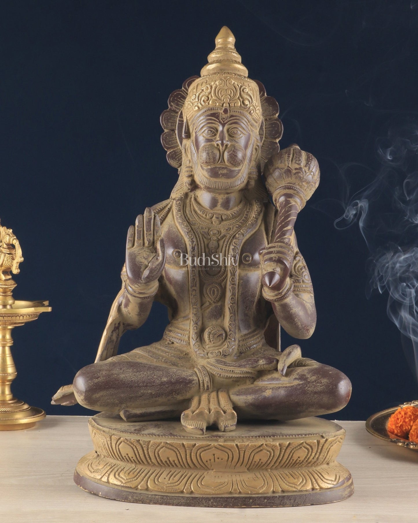 Vintage Brass Lord Hanuman Sculpture in Sand Finish – 15 Inches - Budhshiv.com
