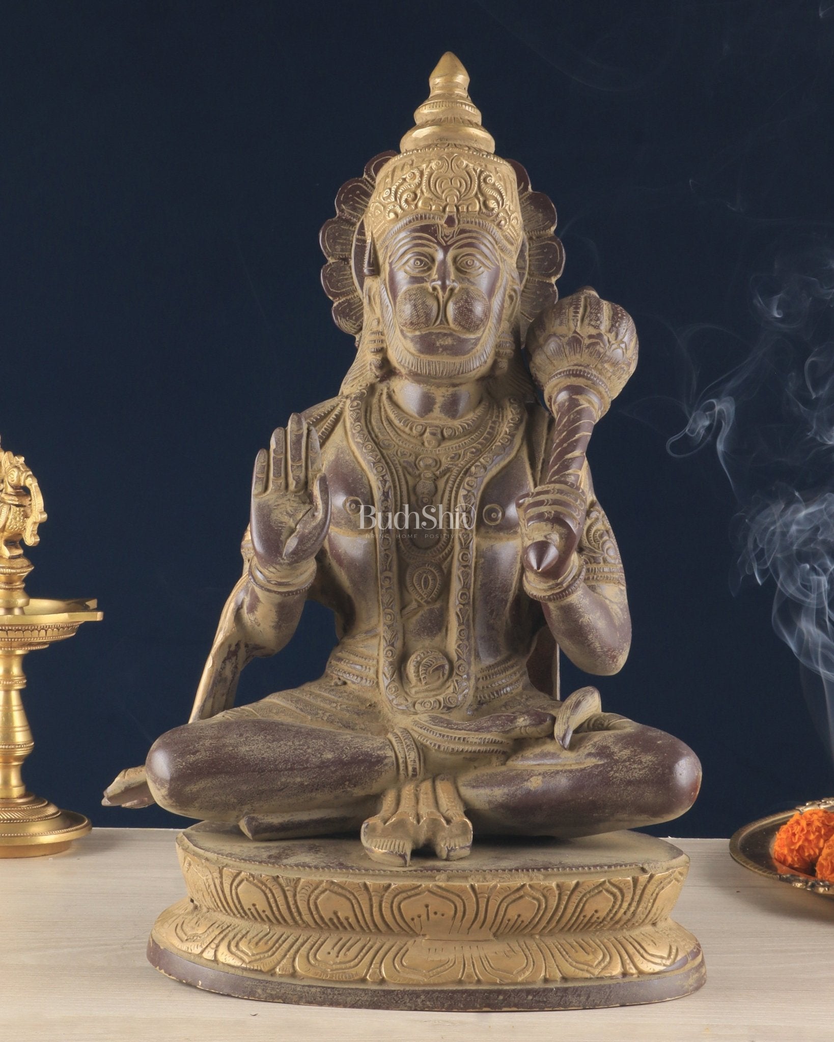 Vintage Brass Lord Hanuman Sculpture in Sand Finish – 15 Inches - Budhshiv.com
