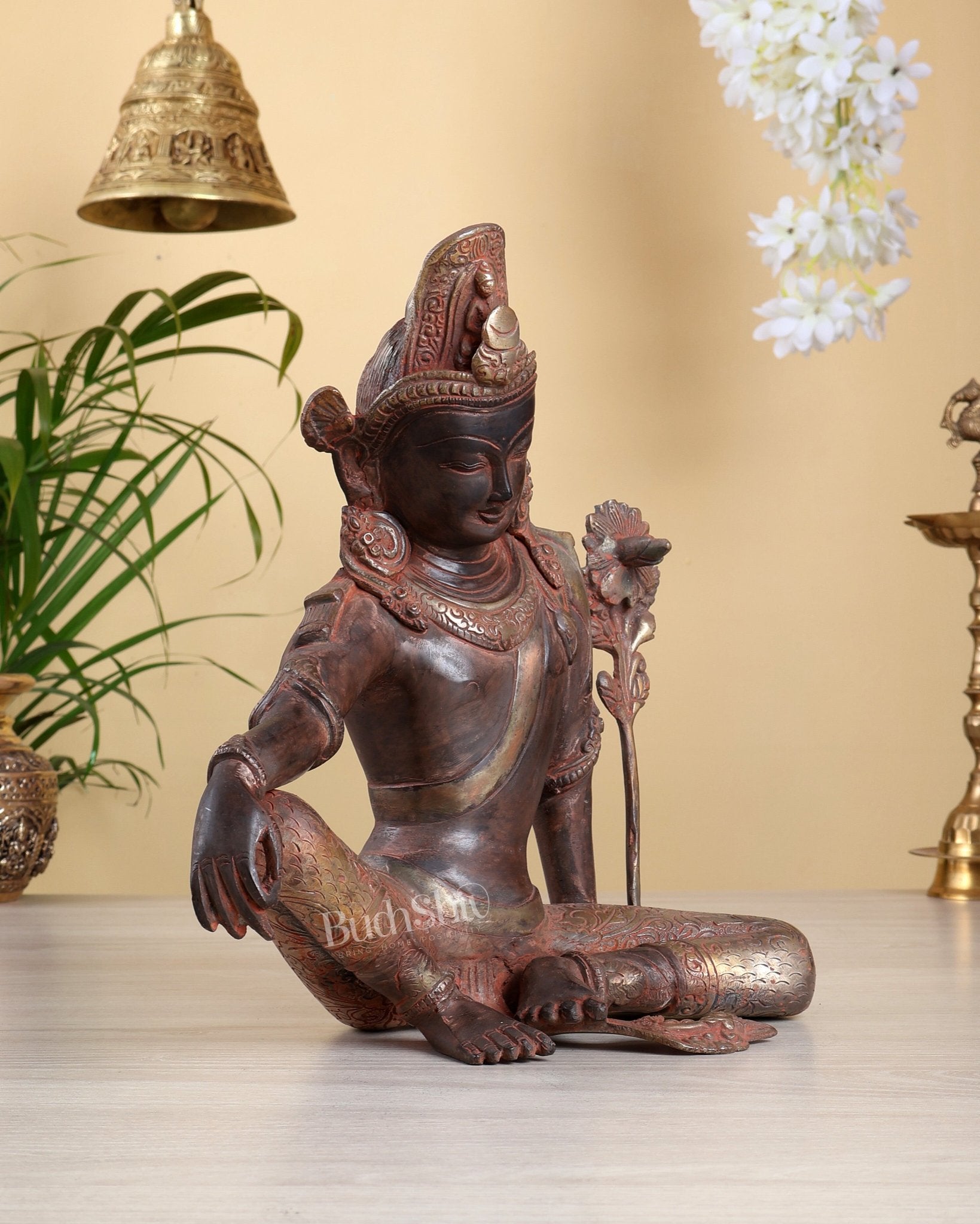 Vintage Brass Lord Indra Dev Statue – Red & Silver Antique Tone 11 inch - Budhshiv.com