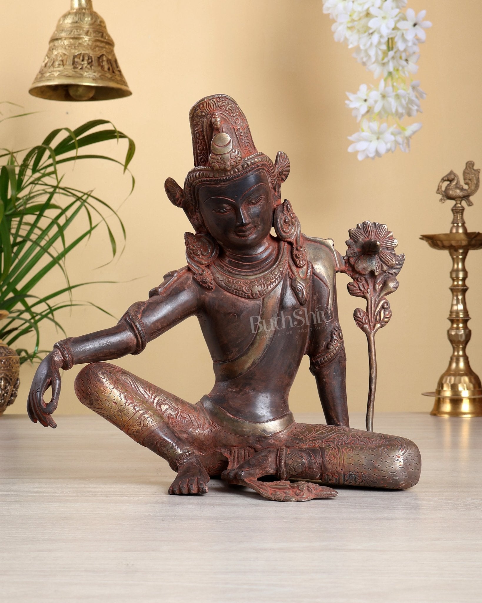 Vintage Brass Lord Indra Dev Statue – Red & Silver Antique Tone 11 inch - Budhshiv.com