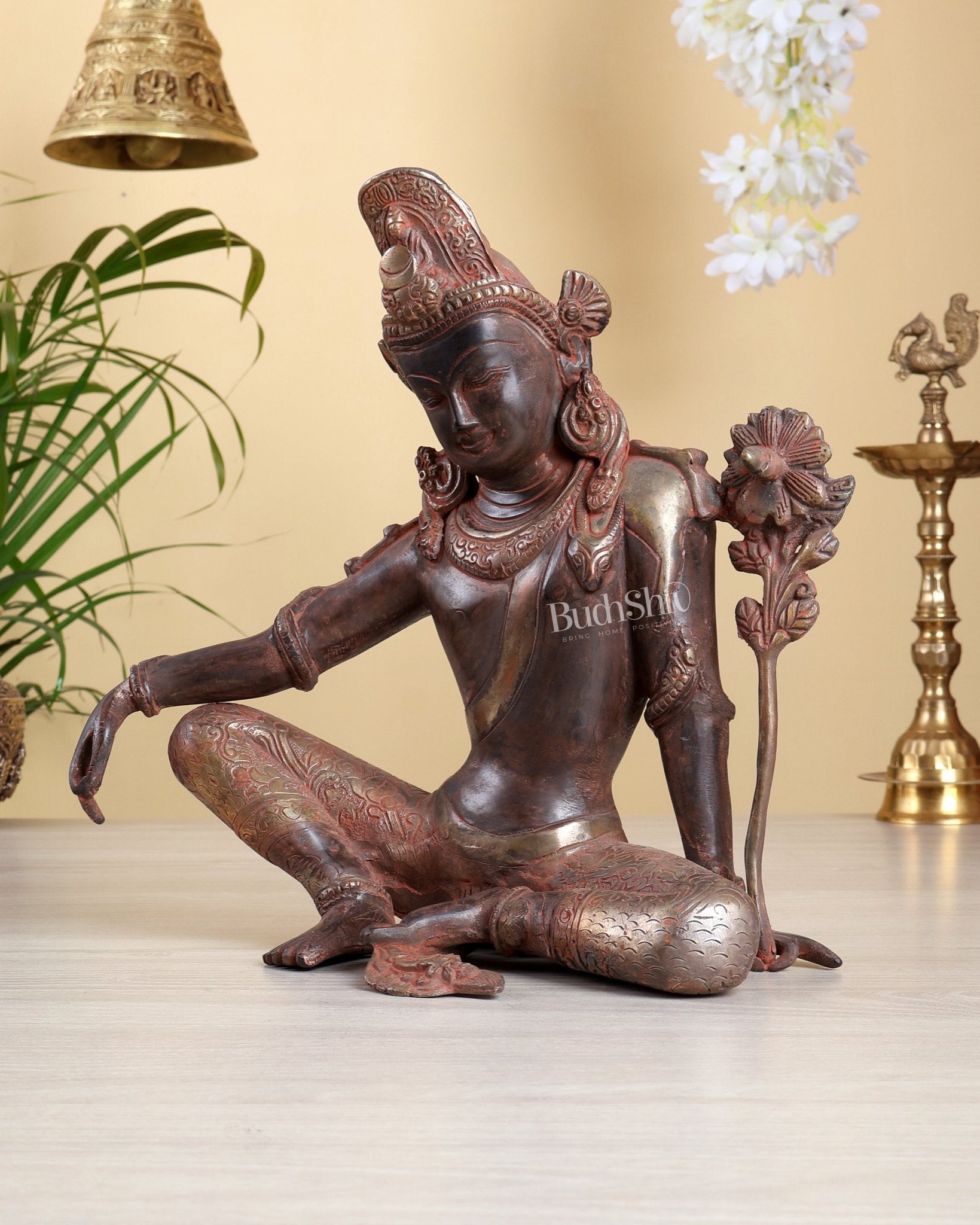 Vintage Brass Lord Indra Dev Statue – Red & Silver Antique Tone 11 inch - Budhshiv.com