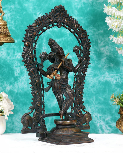 Vintage Brass Lord Krishna Statue with Prabhavali Arch – 18.5 Inch - Budhshiv.com