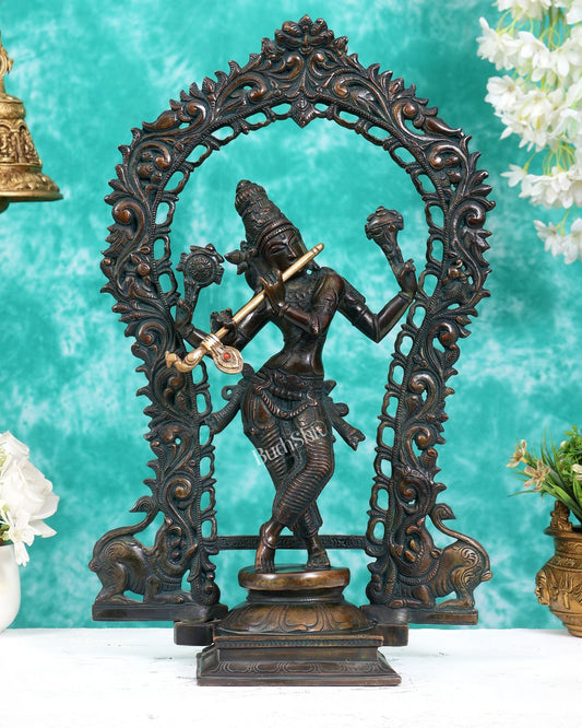 Vintage Brass Lord Krishna Statue with Prabhavali Arch – 18.5 Inch - Budhshiv.com