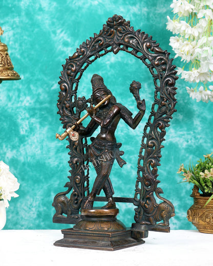 Vintage Brass Lord Krishna Statue with Prabhavali Arch – 18.5 Inch - Budhshiv.com