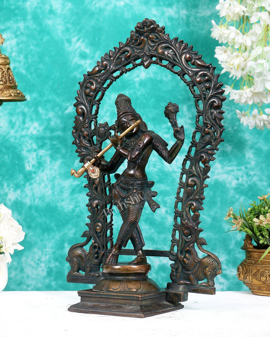 Vintage Brass Lord Krishna Statue with Prabhavali Arch – 18.5 Inch - Budhshiv.com
