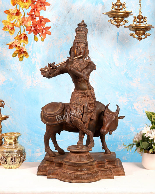 Vintage Brass Lord Krishna with Cow Statue – Large Rustic Patina Finish Sculpture (27 Inches) - Budhshiv.com