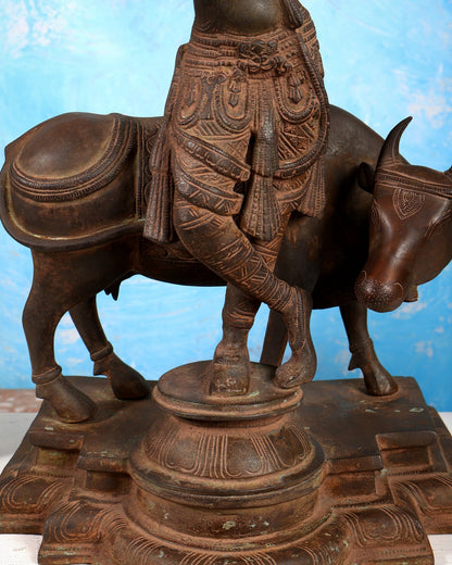 Vintage Brass Lord Krishna with Cow Statue – Large Rustic Patina Finish Sculpture (27 Inches) - Budhshiv.com