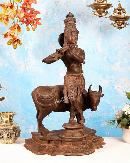 Vintage Brass Lord Krishna with Cow Statue – Large Rustic Patina Finish Sculpture (27 Inches) - Budhshiv.com