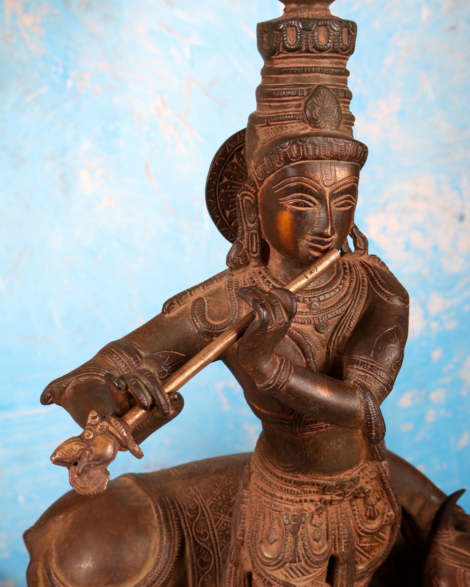 Vintage Brass Lord Krishna with Cow Statue – Large Rustic Patina Finish Sculpture (27 Inches) - Budhshiv.com