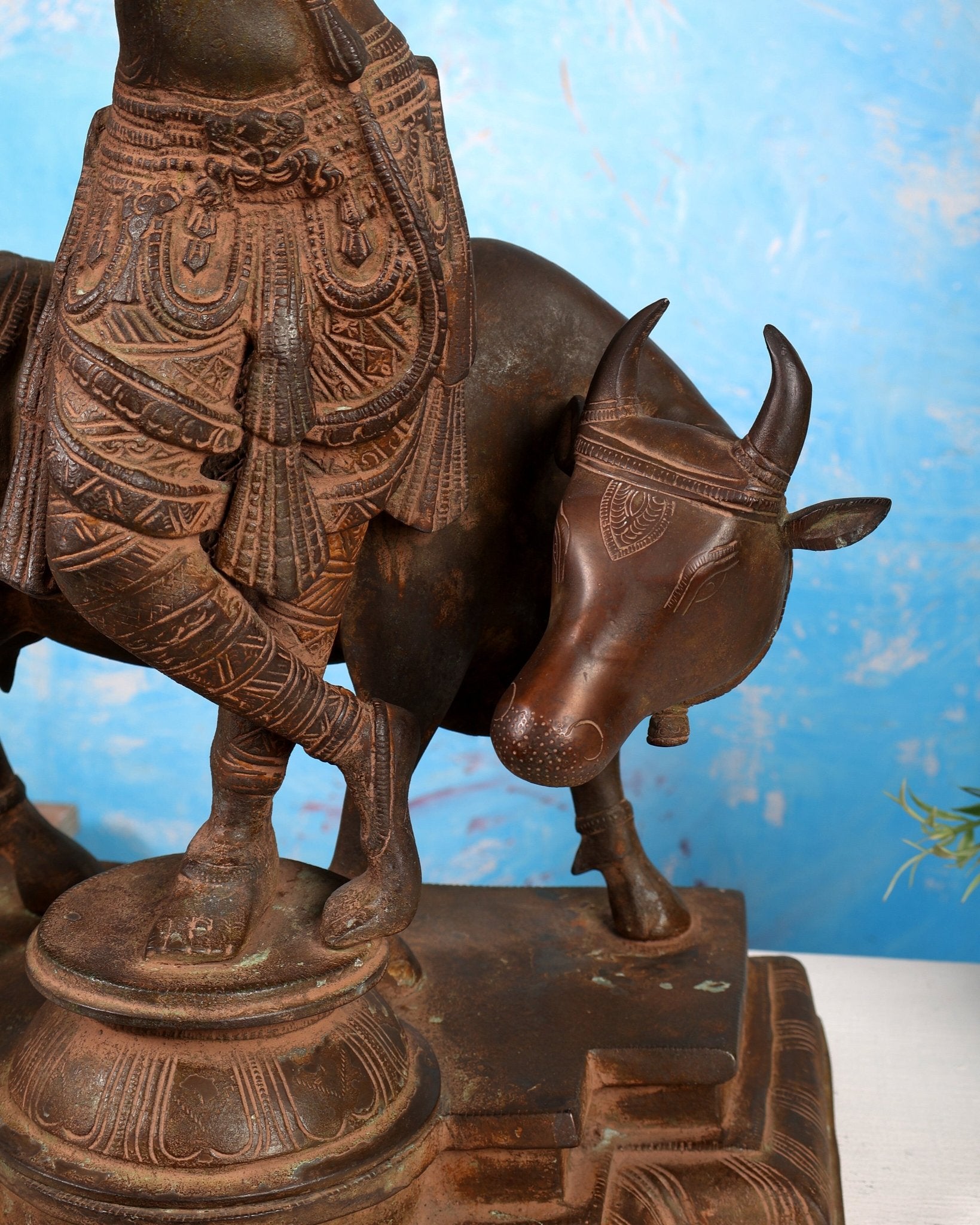 Vintage Brass Lord Krishna with Cow Statue – Large Rustic Patina Finish Sculpture (27 Inches) - Budhshiv.com