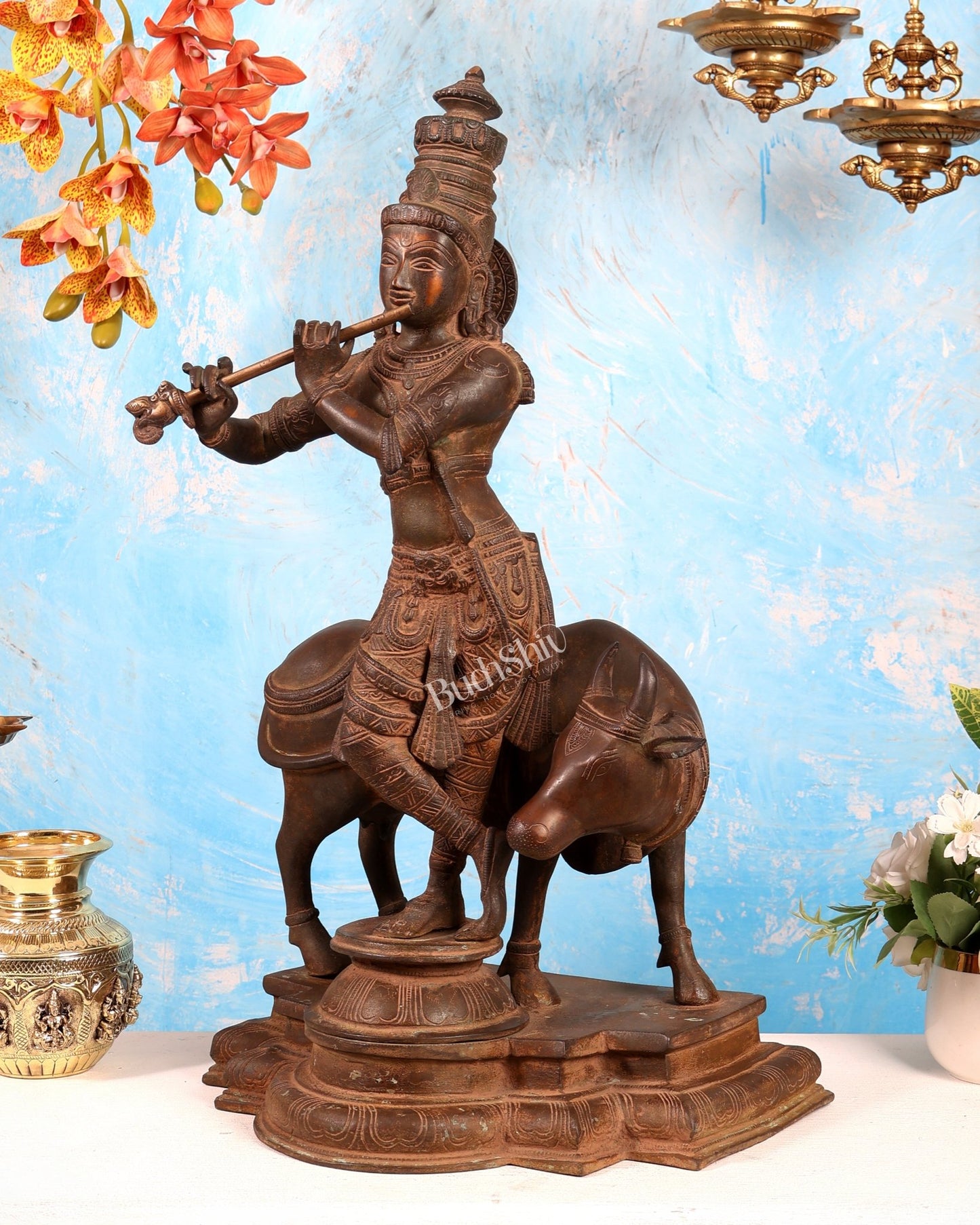 Vintage Brass Lord Krishna with Cow Statue – Large Rustic Patina Finish Sculpture (27 Inches) - Budhshiv.com