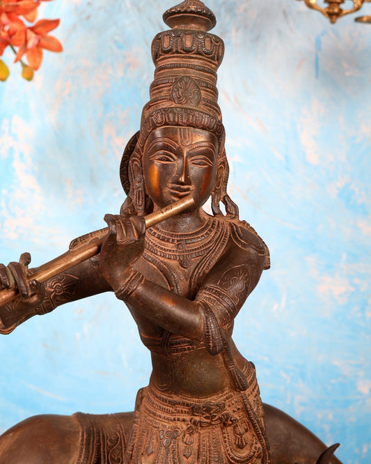 Vintage Brass Lord Krishna with Cow Statue – Large Rustic Patina Finish Sculpture (27 Inches) - Budhshiv.com