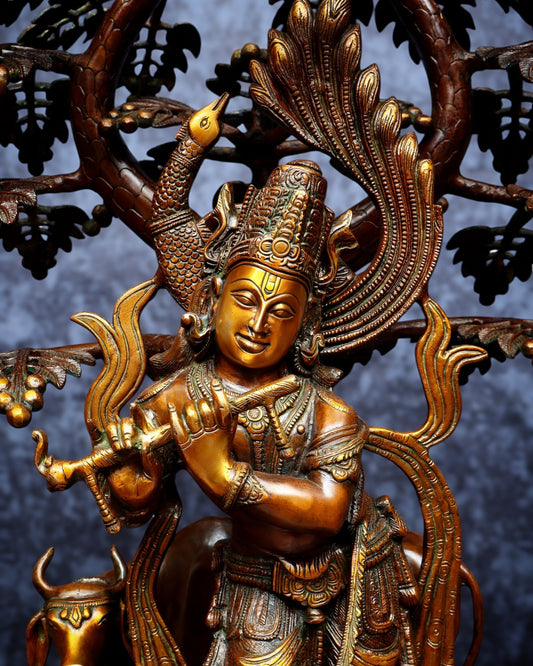 Vintage Brass Lord Krishna with Cow under Kalpavriksha – Large Statue 33" - Budhshiv.com