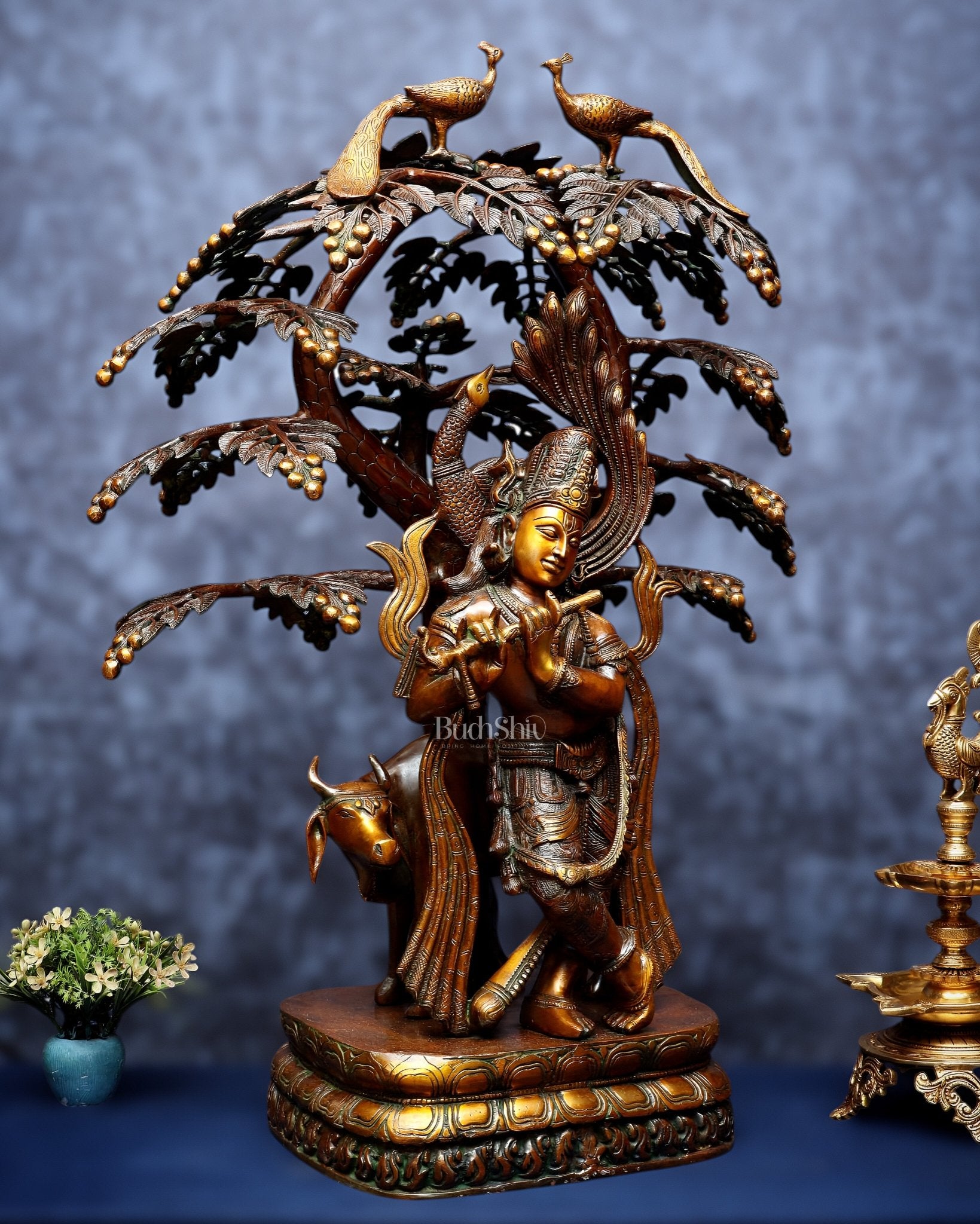Vintage Brass Lord Krishna with Cow under Kalpavriksha – Large Statue 33" - Budhshiv.com
