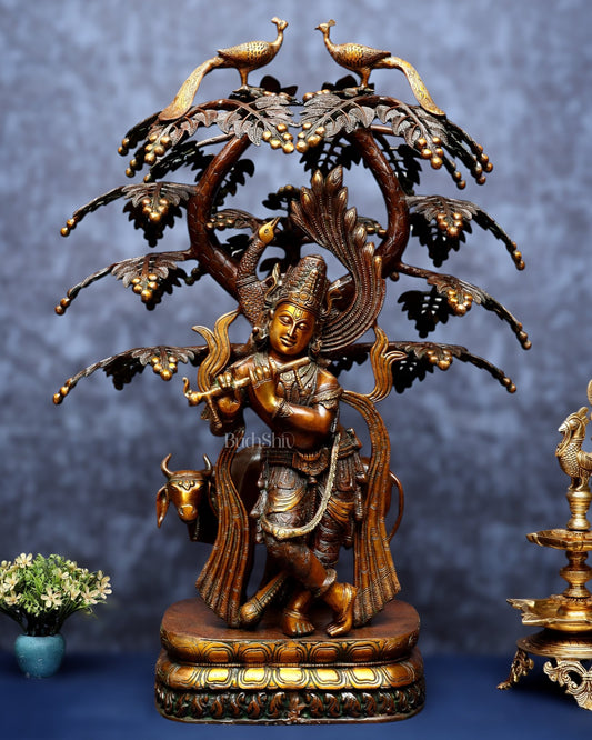Vintage Brass Lord Krishna with Cow under Kalpavriksha – Large Statue 33" - Budhshiv.com