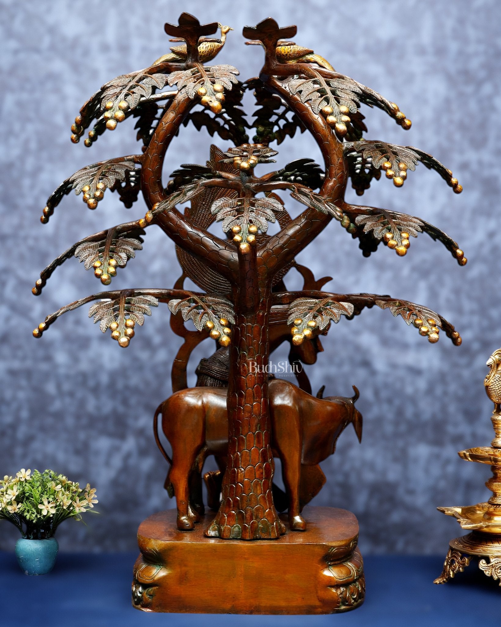 Vintage Brass Lord Krishna with Cow under Kalpavriksha – Large Statue 33" - Budhshiv.com
