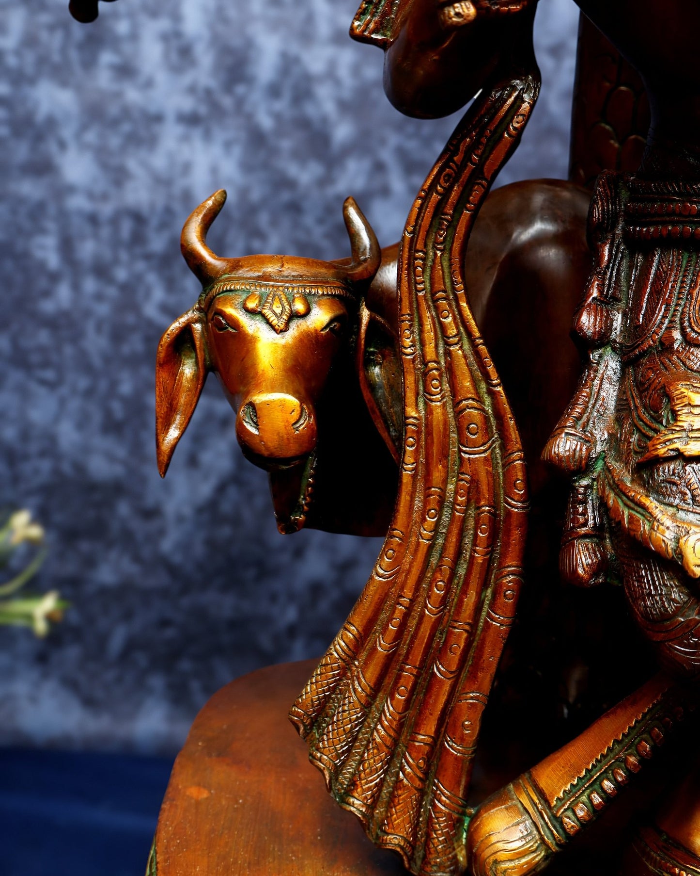 Vintage Brass Lord Krishna with Cow under Kalpavriksha – Large Statue 33" - Budhshiv.com