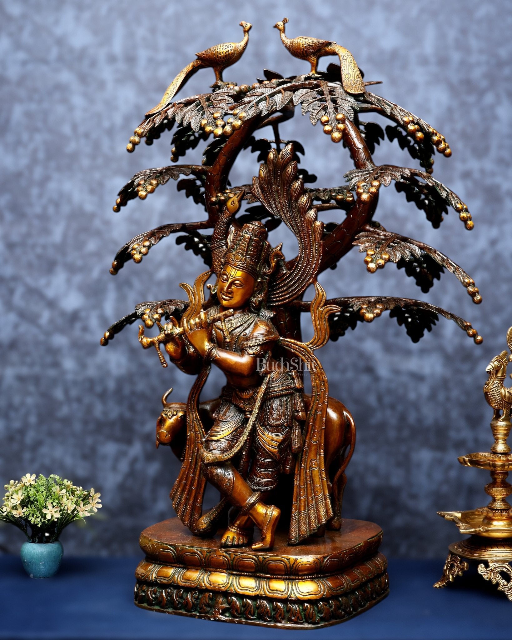 Vintage Brass Lord Krishna with Cow under Kalpavriksha – Large Statue 33" - Budhshiv.com