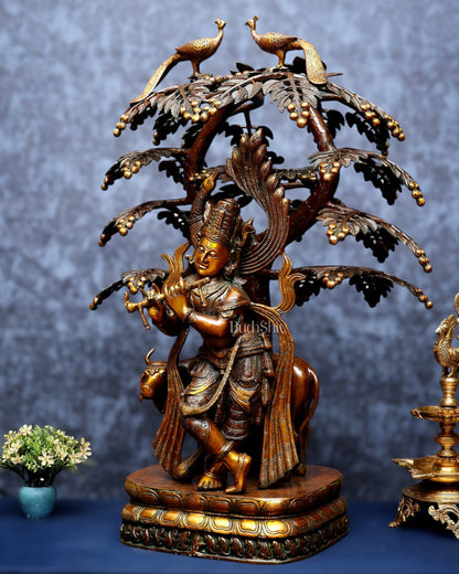 Vintage Brass Lord Krishna with Cow under Kalpavriksha – Large Statue 33" - Budhshiv.com