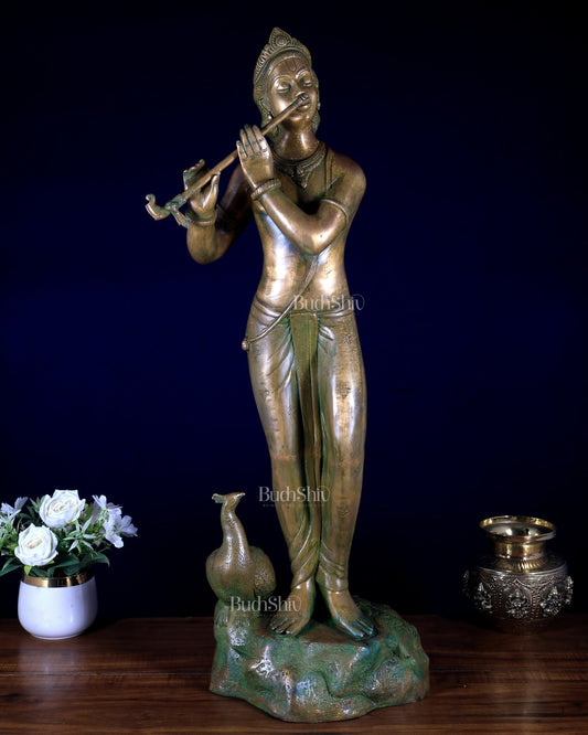 Vintage Brass Lord Krishna with peacock simple and sleek Idol 29 inch - Budhshiv.com