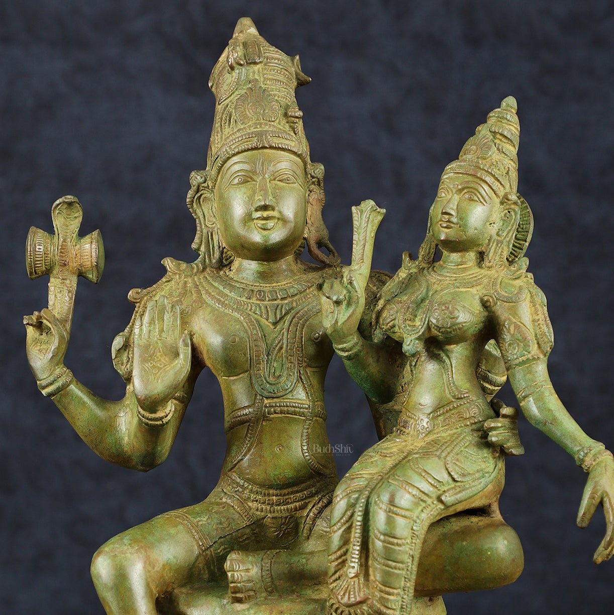 Vintage Brass Lord Shiva and Goddess Parvati Idol - 15" Height - Budhshiv.com