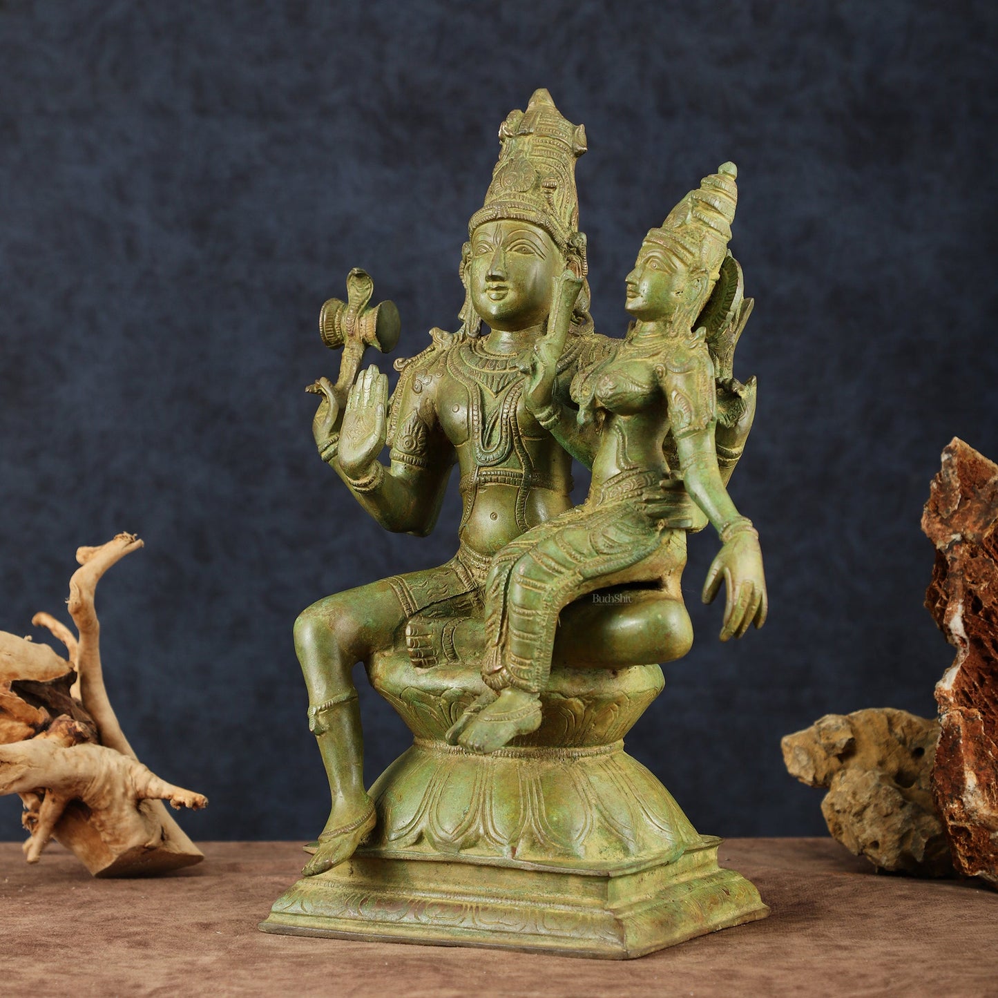 Vintage Brass Lord Shiva and Goddess Parvati Idol - 15" Height - Budhshiv.com