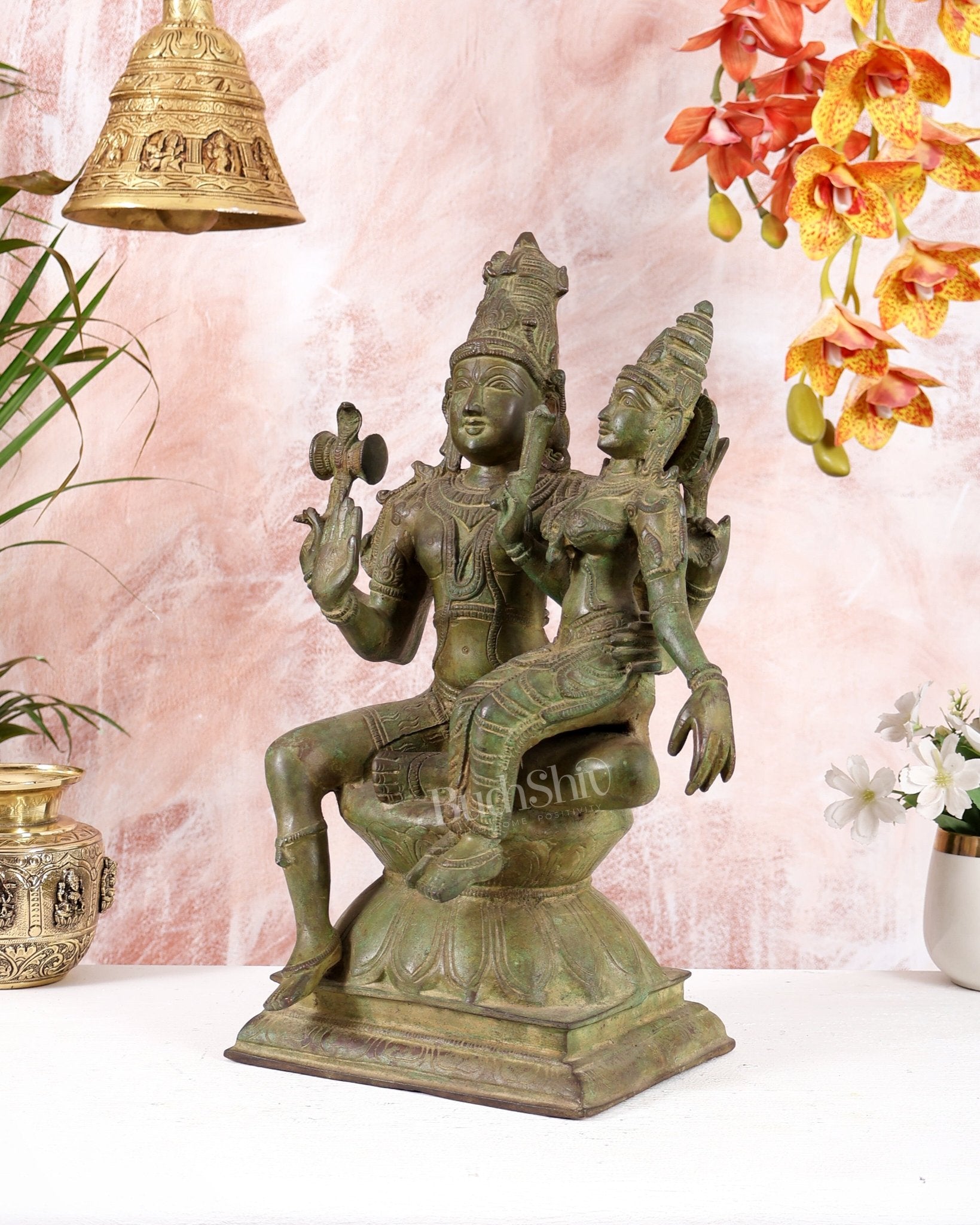 Vintage Brass Lord Shiva and Goddess Parvati Idol - 15" Height - Budhshiv.com