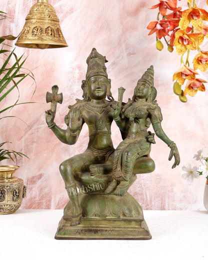 Vintage Brass Lord Shiva and Goddess Parvati Idol - 15" Height - Budhshiv.com