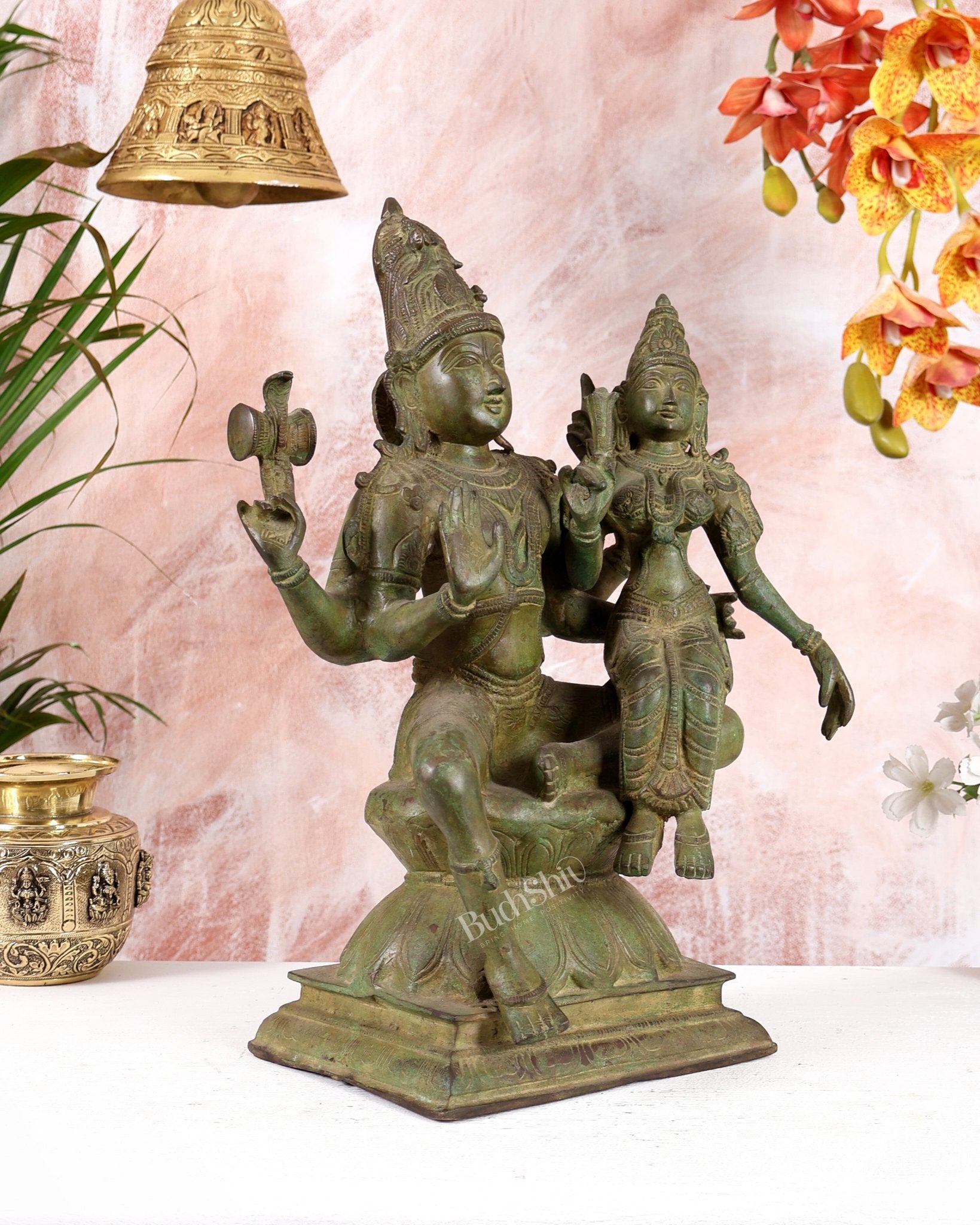 Vintage Brass Lord Shiva and Goddess Parvati Idol - 15" Height - Budhshiv.com