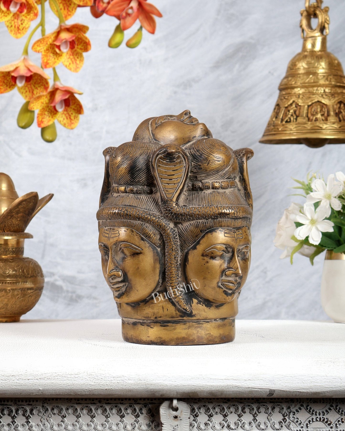 Vintage Brass Lord Shiva Four - Faced Mukhalingam with ganga 9 inch - Budhshiv.com