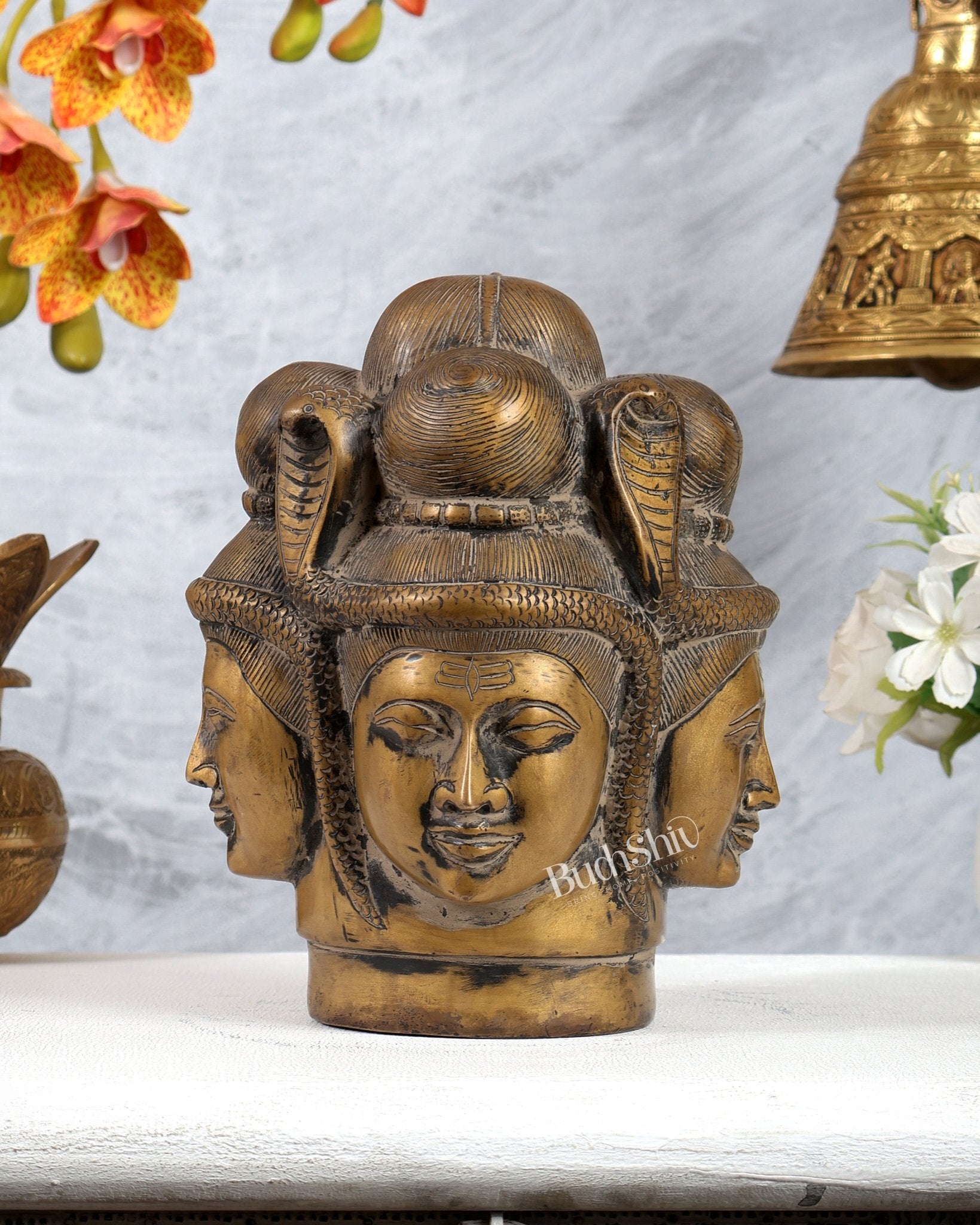 Vintage Brass Lord Shiva Four - Faced Mukhalingam with ganga 9 inch - Budhshiv.com