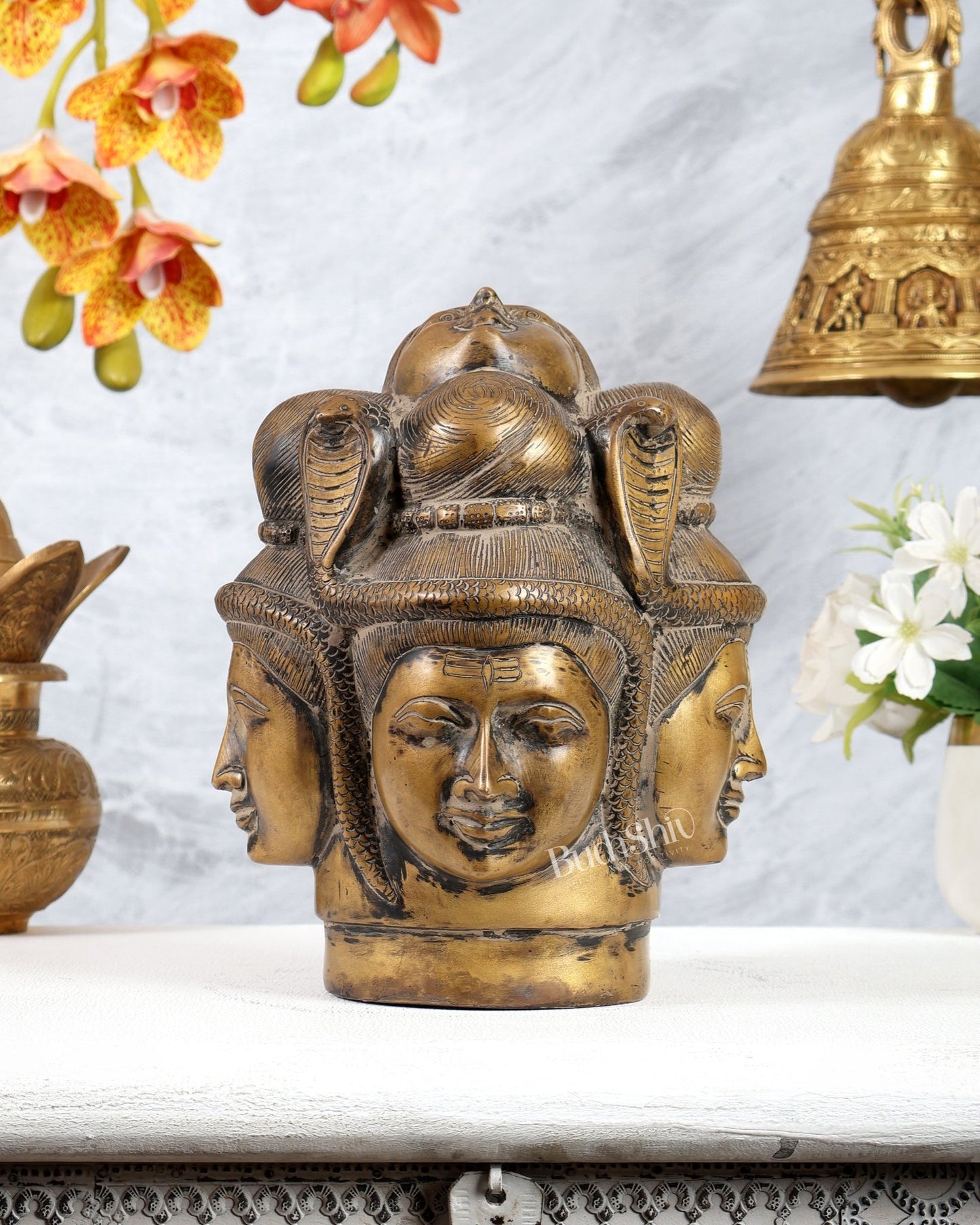 Vintage Brass Lord Shiva Four - Faced Mukhalingam with ganga 9 inch - Budhshiv.com