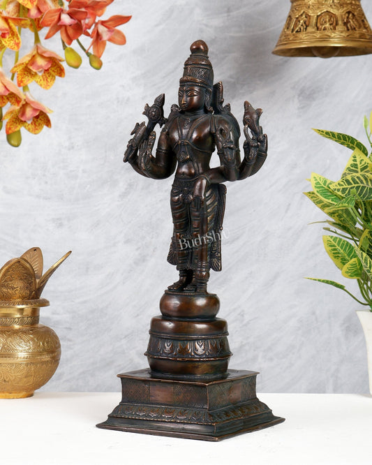 Vintage Brass Lord Vishnu Sculpture – 14 Inch Chola Inspired Masterpiece - Budhshiv.com