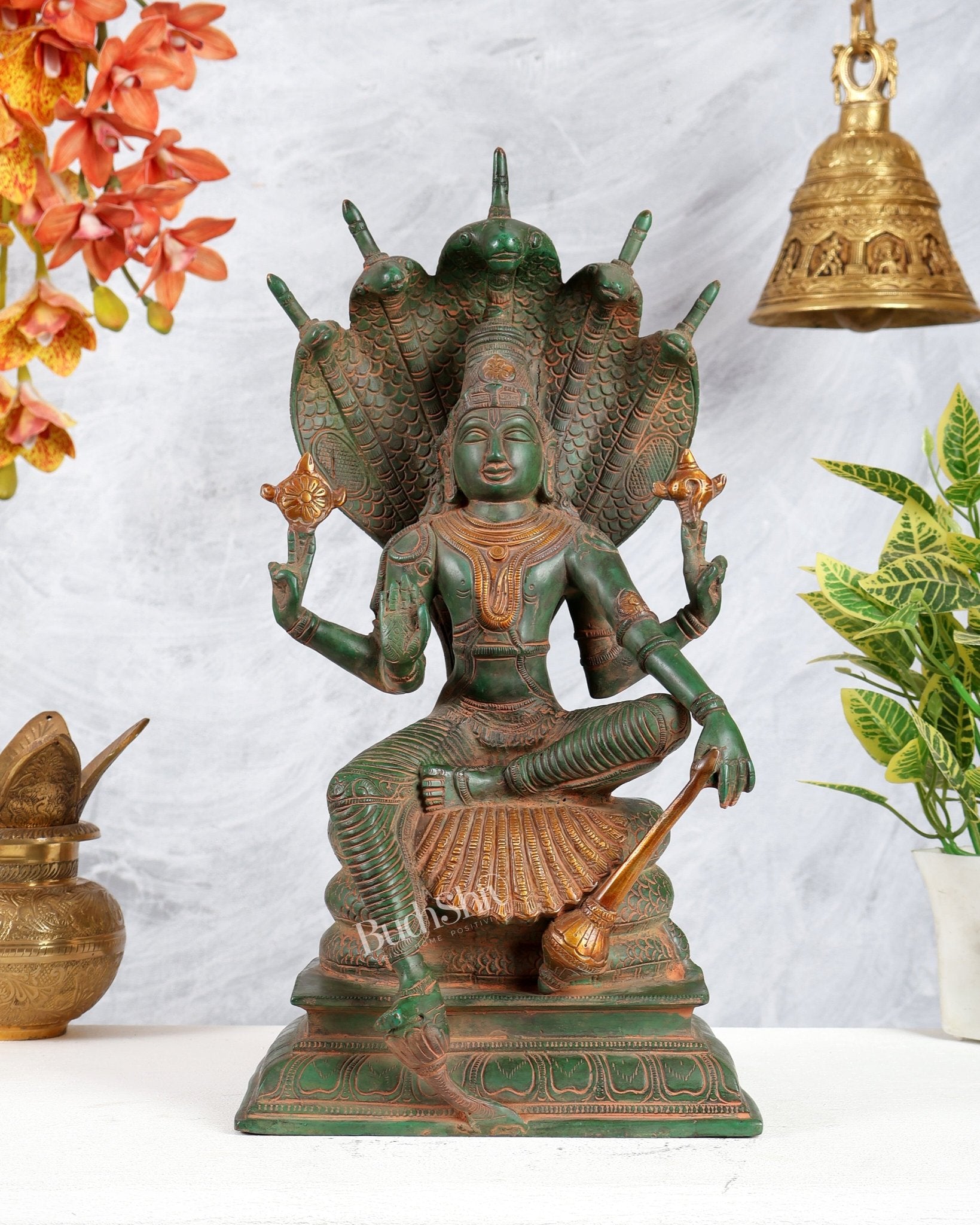 Vintage Brass Lord Vishnu statue Sitting Under Shesha naga | 11 Inch - Budhshiv.com