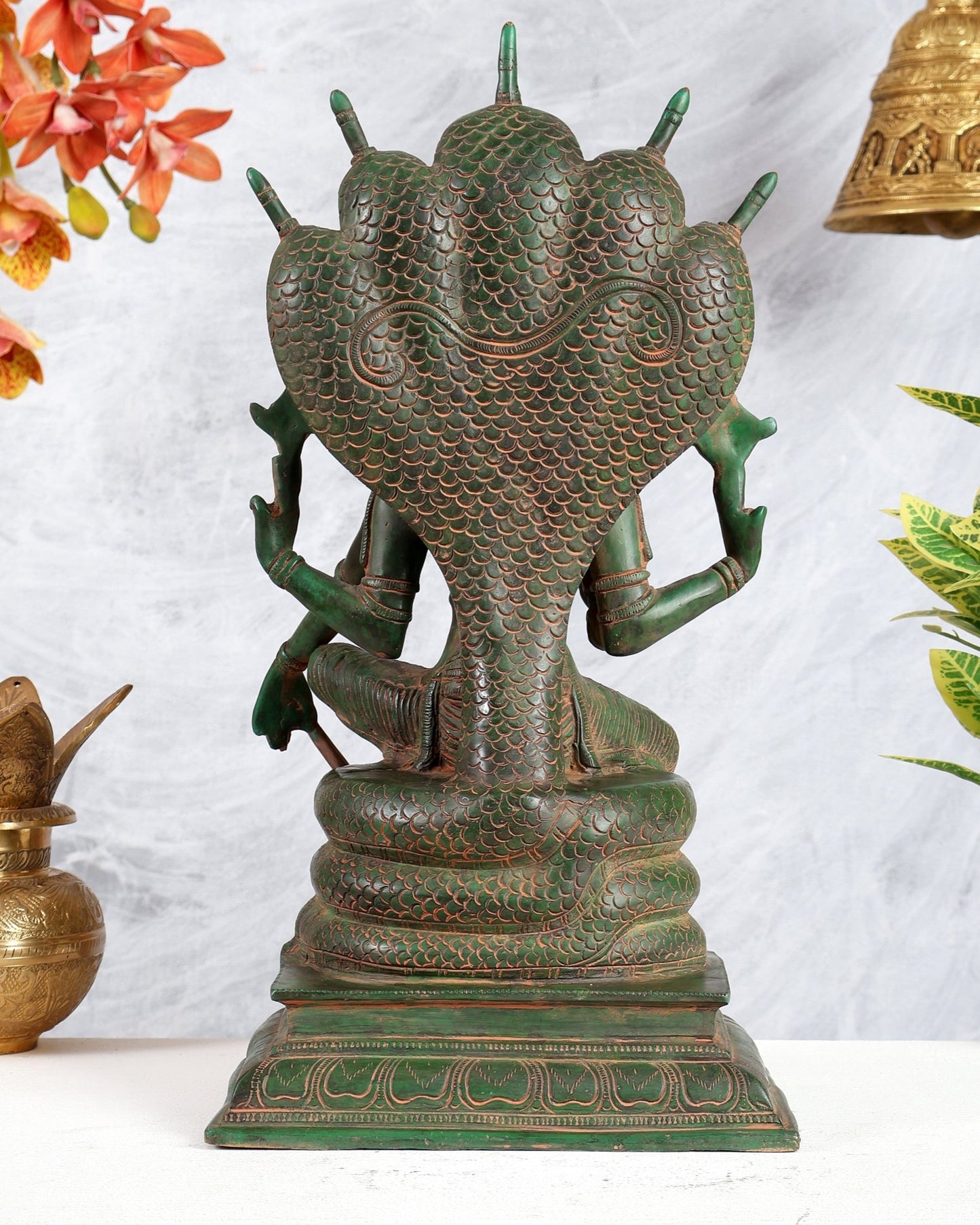 Vintage Brass Lord Vishnu statue Sitting Under Shesha naga | 11 Inch - Budhshiv.com