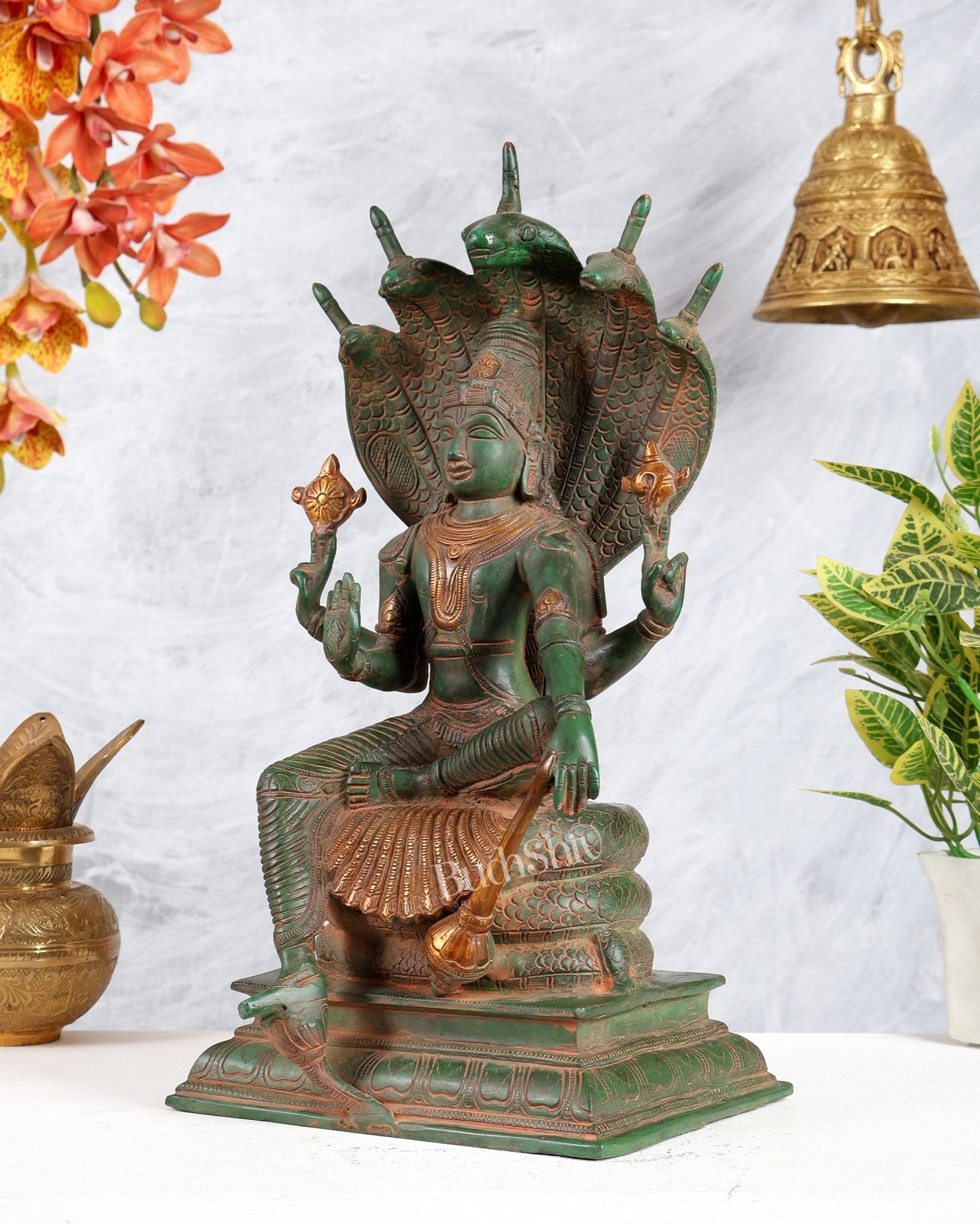 Vintage Brass Lord Vishnu statue Sitting Under Shesha naga | 11 Inch - Budhshiv.com