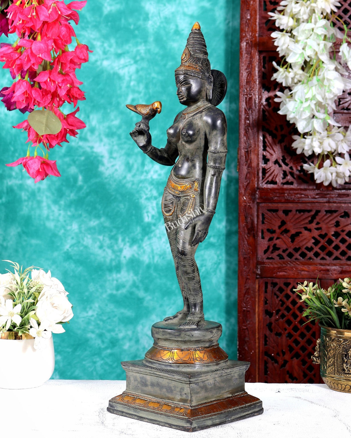 Vintage Brass Meenakshi Statue — Antique Patina Sand Finish 20 inch - Budhshiv.com