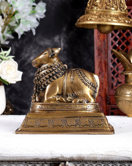 Vintage Brass Nandi on Base Statue with Raised Right Leg – Traditional Handcrafted Shiva Decor - Budhshiv.com