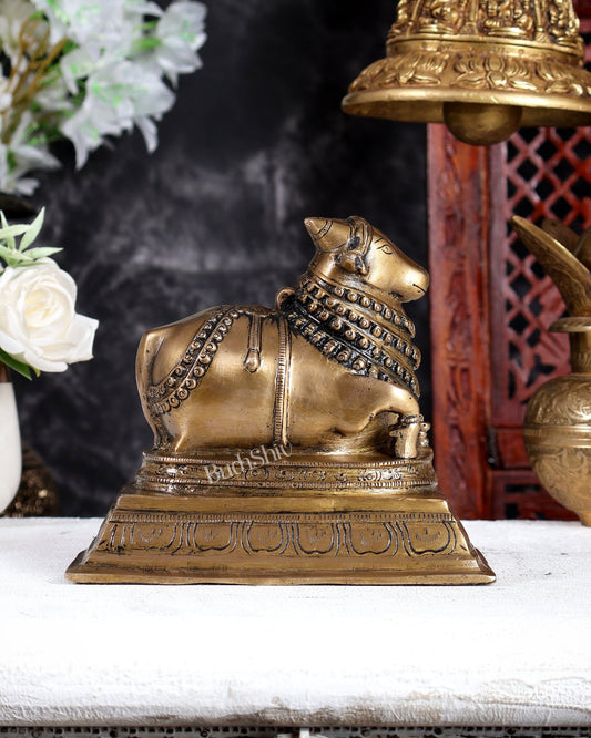 Vintage Brass Nandi on Base Statue with Raised Right Leg – Traditional Handcrafted Shiva Decor - Budhshiv.com
