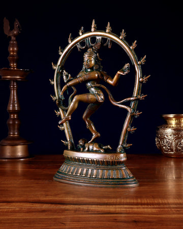Vintage Brass Nataraja Dancing Shiva Idol with Oval Arch - 12.5" - Budhshiv.com