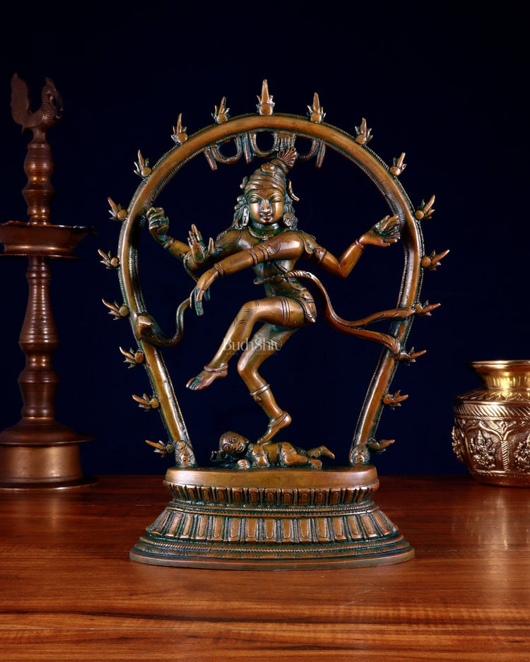 Vintage Brass Nataraja Dancing Shiva Idol with Oval Arch - 12.5" - Budhshiv.com